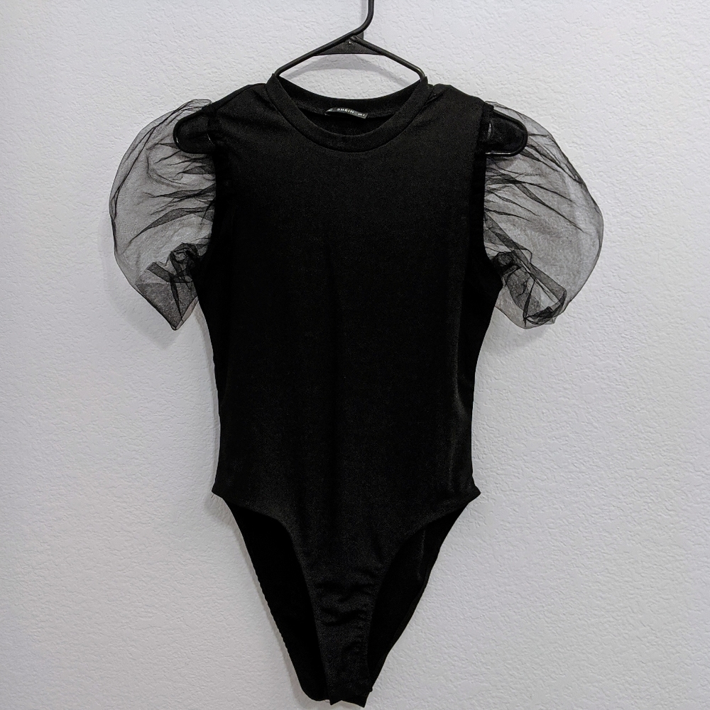 Bodysuit with tulle puff sleeve